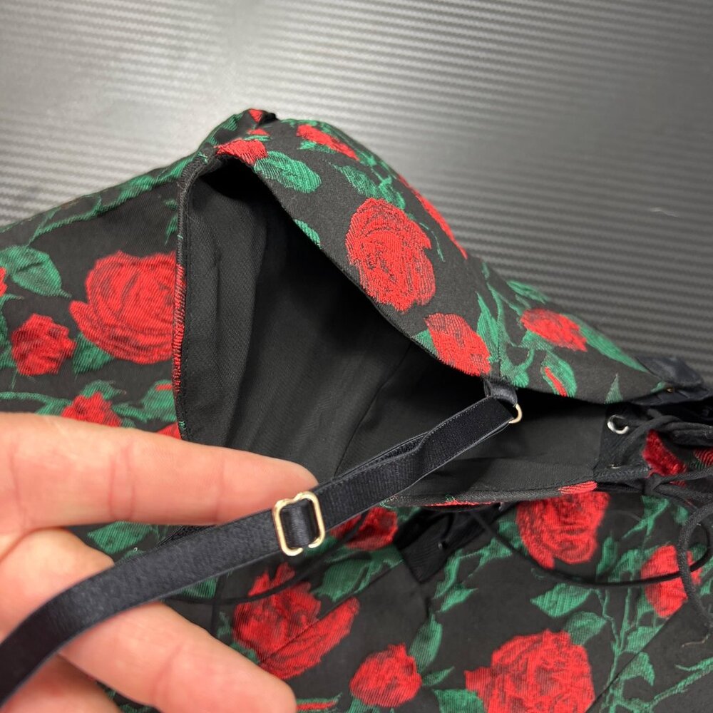 For Love & Lemons Black & Red Rose Print Mini Dress Size Med Lace-Up WhimsiGoth - Picture 4 of 12